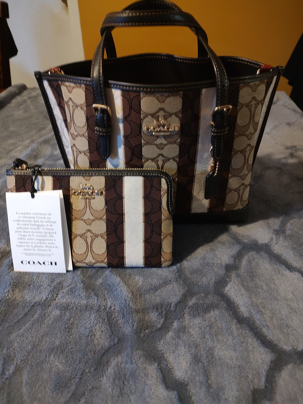 Coach Signature Stripe Tote and Wristlet Set in Brown/Beige - Picture 2 of 5